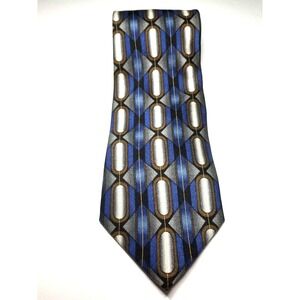 Bellini NY/Milan Geometric Blue Gold Cream 100% Imported Silk Pointed‎ Tie USA